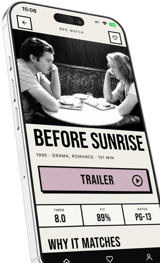 The Rabbitune app showing a movie match for Before Sunrise, with an 89% fit, its rating and a trailer button.