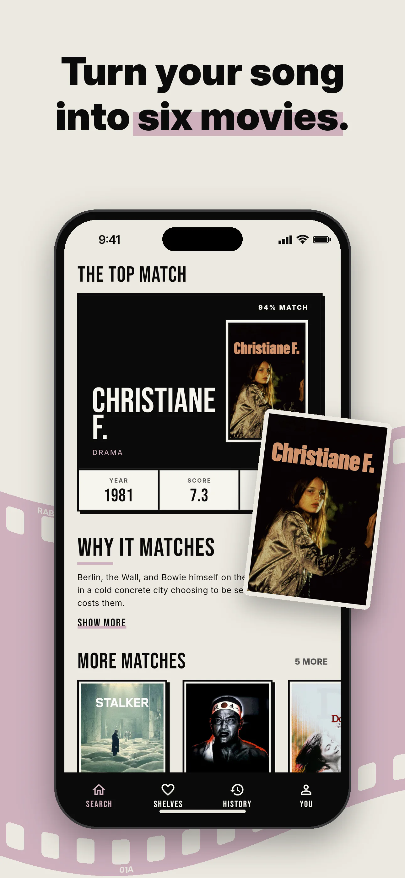 Turn your song into six movies: Rabbitune shows Christiane F. as the top match, followed by five more movie recommendations.