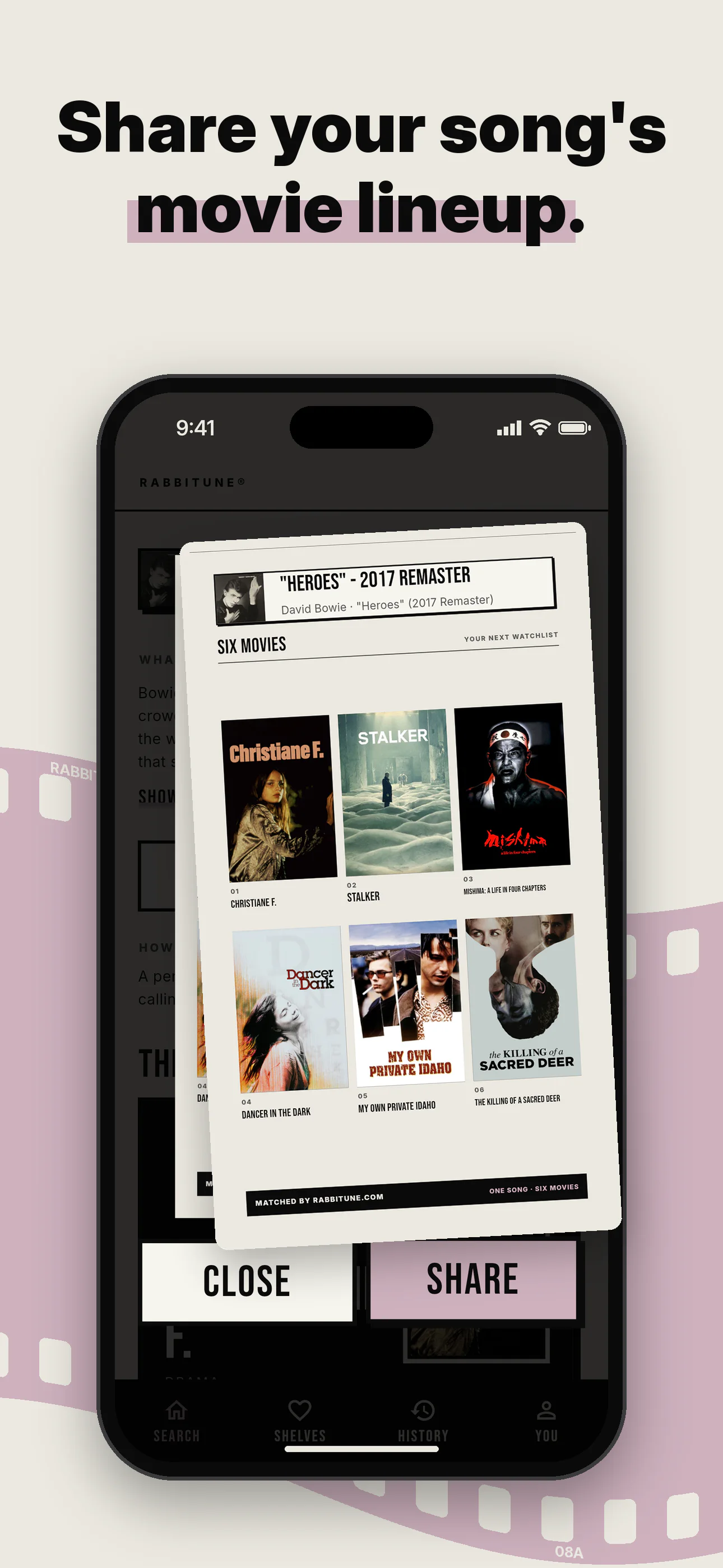 Share your song's movie lineup: Rabbitune previews a share card containing all six matched movies.