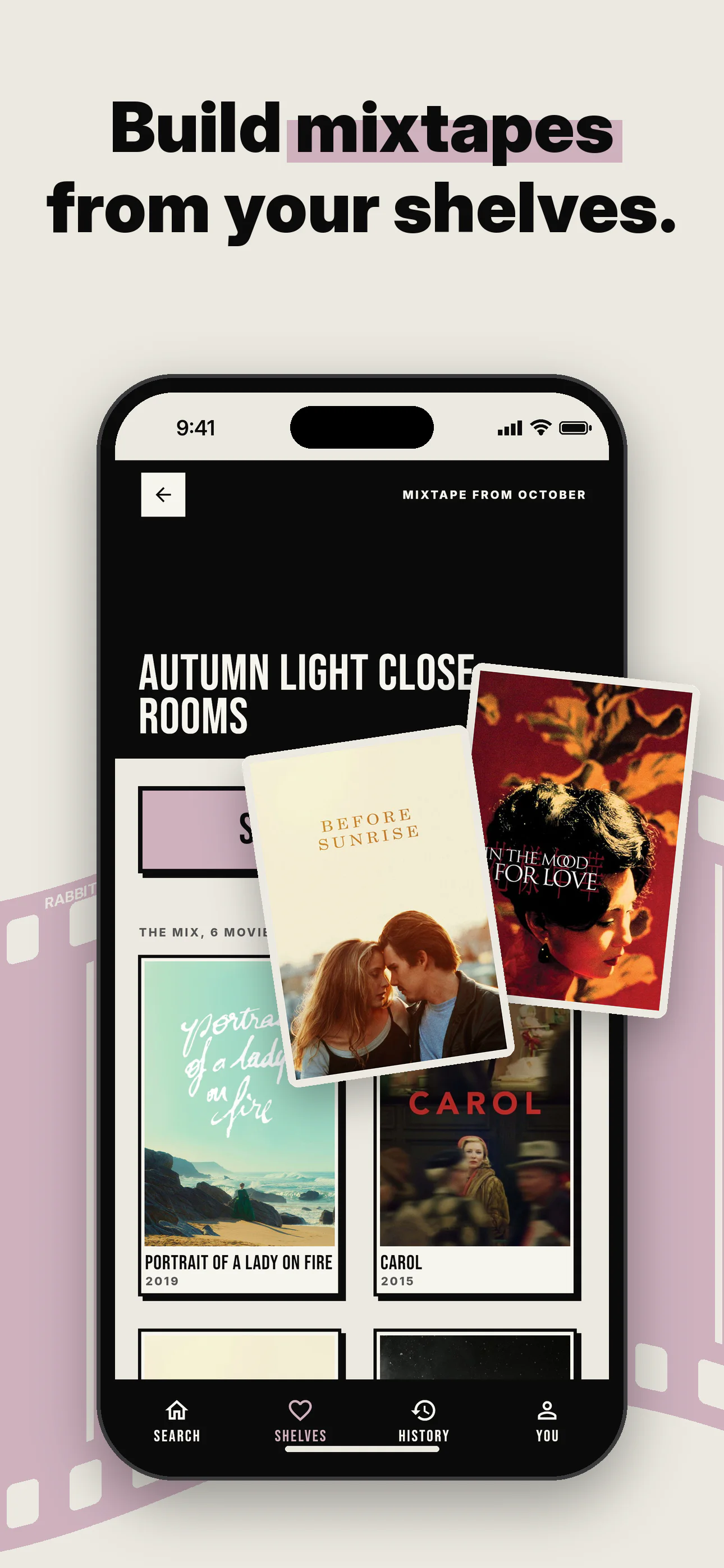 Build mixtapes from your shelves: Rabbitune displays a saved movie collection titled Autumn Light Closed Rooms.
